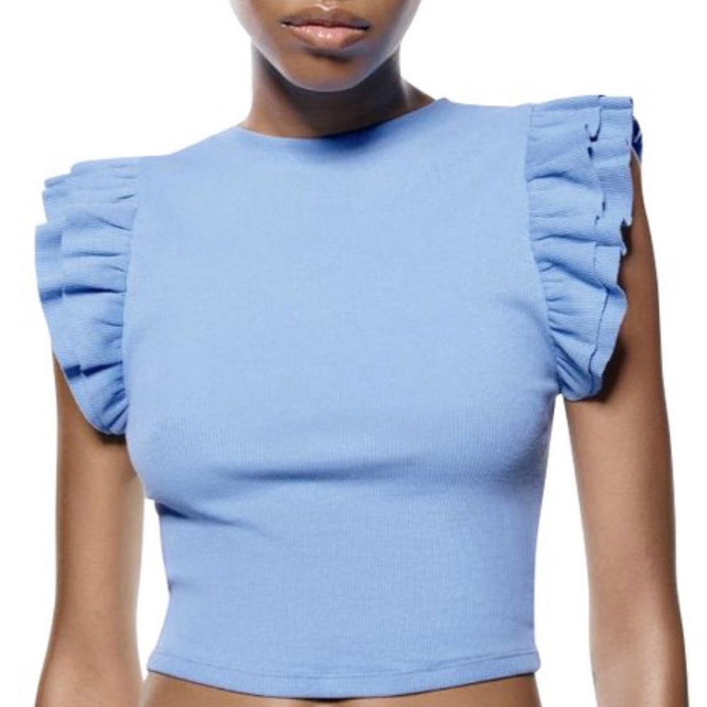 Zara Blue Ruffle Sleeve Top NEVER WORN Size Small